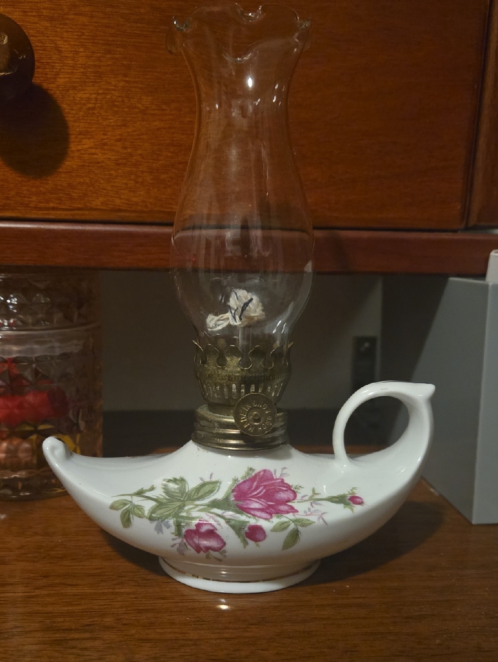 Porcelain Pink Rose Oil Lamp - Floral Home Art